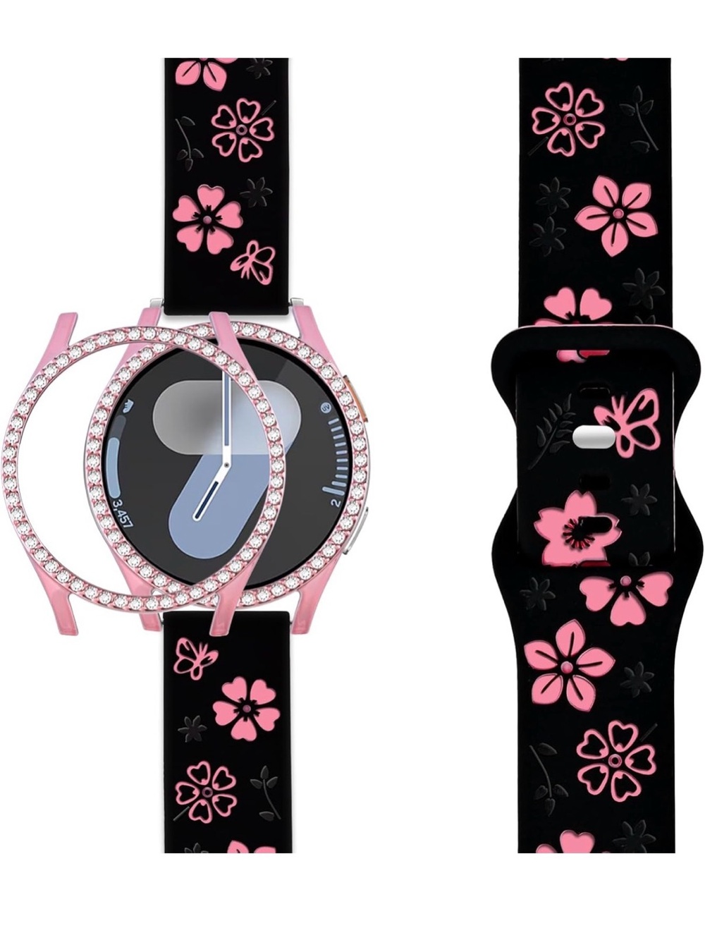 Pink Floral Silicone Smartwatch Band with Rhinestone Bezel